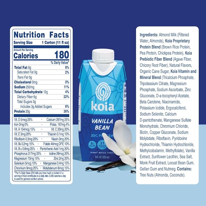 Koia Plant Based Protein Shake, Vanilla Bean, 20g Protein, 3g Sugar, 6g Prebiotic Fiber, 21 Vitamins & Minerals, Meal Replacement Drinks, Dairy-Free, Gluten-Free, Non-GMO, 11 Fl Oz (Pack of 12)