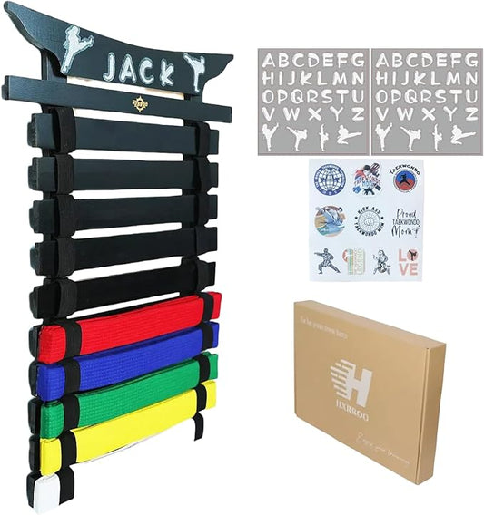 Martial Arts Belt Display Rack, Wooden Wall Mount, Karate and Taekwondo Belt Holder