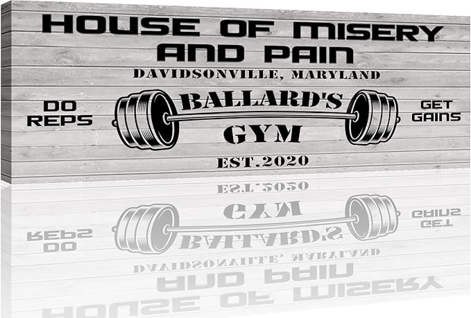 Tailored Canvases Personalized Gym Sign Wall Art Decor - Motivational Canvas for Home Gym, Workout Room, Garage, Fitness Center - Workout Inspirational Posters - House of Misery and Pain, White Wood 48x16in