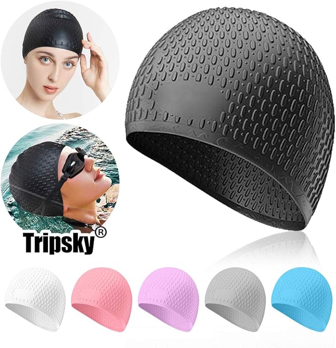Tripsky Silicone Swim Cap,Comfortable Bathing Cap Ideal for Curly Short Medium Long Hair, Swimming Cap for Women and Men, Shower Caps Keep Hairstyle Unchanged…