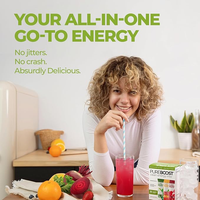 Pureboost Superfoods Clean Energy Booster, Energy Drink Mix with Apple Cider Vinegar, 7 Organic Red or Green Superfoods. Sugar-Free, No Sucralose, Electrolytes (Combo Pack, 30 Count)