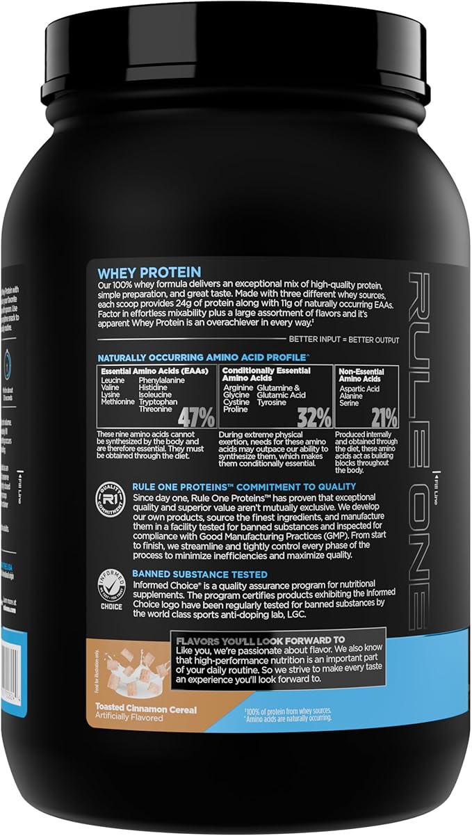 Rule 1 Whey Protein – 24g Fast-Acting Protein from All-Whey Sources with Naturally Occurring EAAs & BCAAs for Workout Recovery or Anytime Use (2 Pounds*, Toasted Cinnamon Cereal)