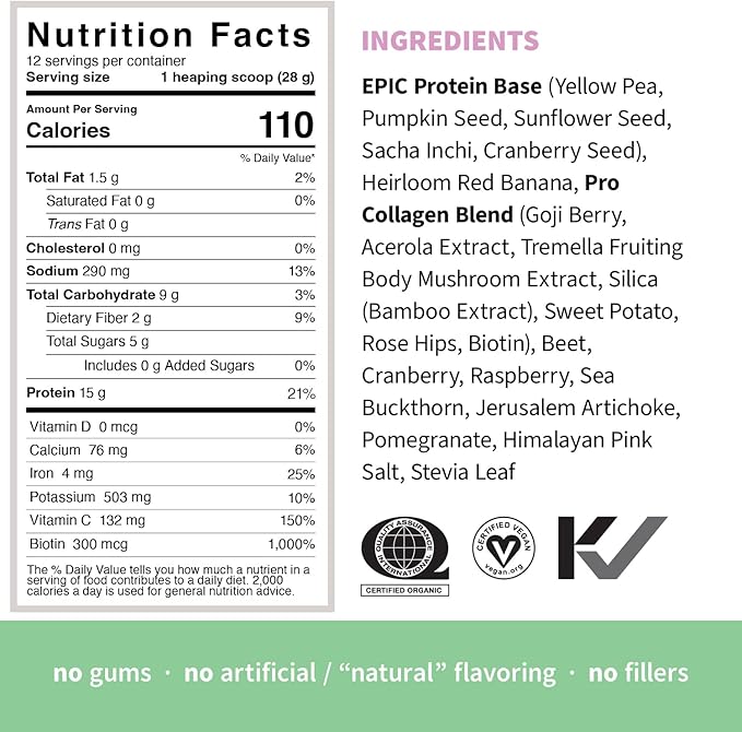 Sprout Living Epic Protein, Plant Based Protein & Superfoods Powder, Pro Collagen, Berry | 15 Grams Organic Protein Powder, Vegan, Non Dairy, Non-GMO, Gluten Free, Low Sugar (0.7 Pound, 12 Servings)