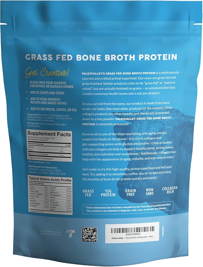 Paleovalley 100% Grass Fed Beef Bone Broth Protein Powder - Rich in Collagen Peptides for Hair, Skin, Gut Health, Bone and Joint Support - 28 Servings, 15g Protein Per Serving - No Gluten or GMOs