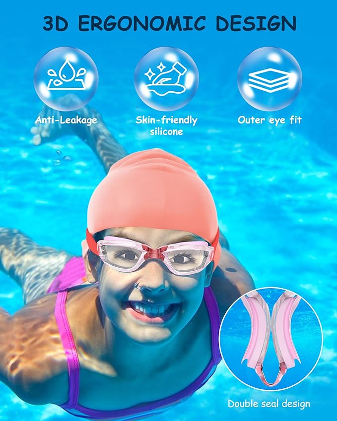 Kids Swim Goggles, Swimming Goggles for Kids Toddlers 3-14 with Swim Cap, Nose Clip, Nose Bridge, Ear Plugs