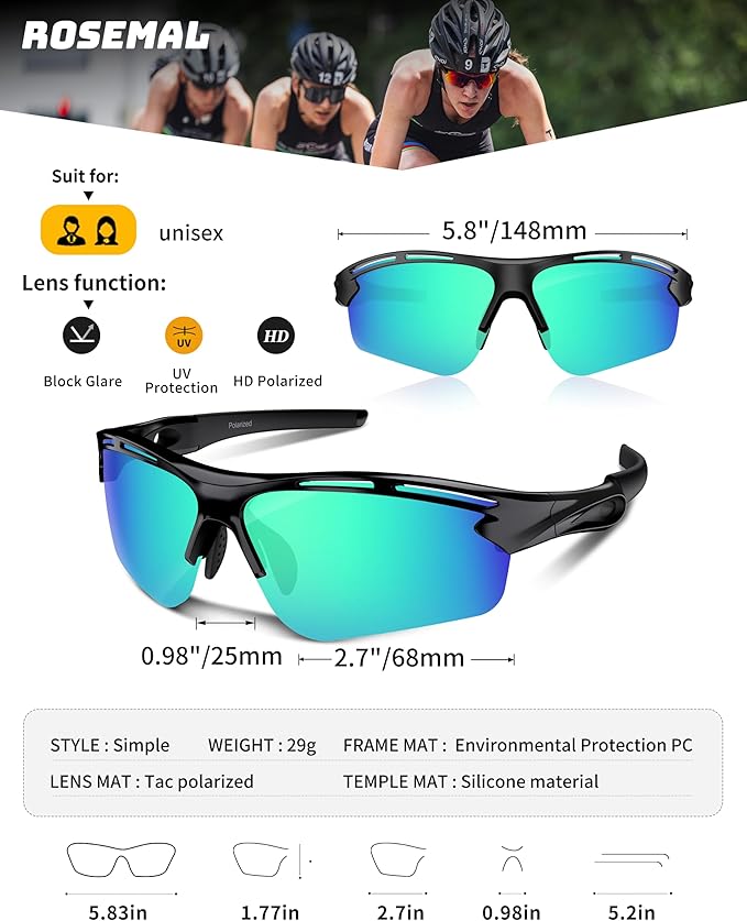Polarized Sports Sunglasses for Men Women,UV400 Protection Sunglass for Running Cycling Fishing Hiking TR90
