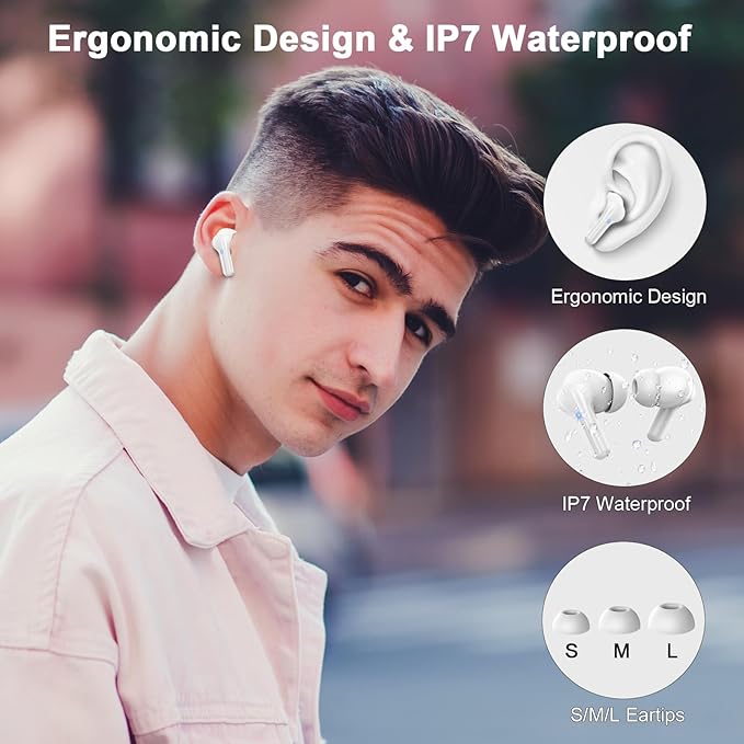 Wireless Earbuds, Bluetooth 5.4 Headphones Deep Bass Stereo, in-Ear Earphones with ENC Noise Canceling Mics, 45H Playtime Ear Buds Dual LED Display, IP7 Waterproof Wireless Headphones for Android iOS