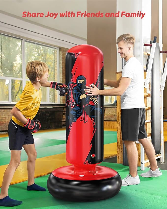 QPAU Punching Bag for Kids, 66 Inch Stable Inflatable Boxing Bag with Boxing Gloves, Stand Kids Punching Bag Toy for Boys & Girls Age 6-12, Boxing Set for Practicing Karate, Taekwondo, MMA