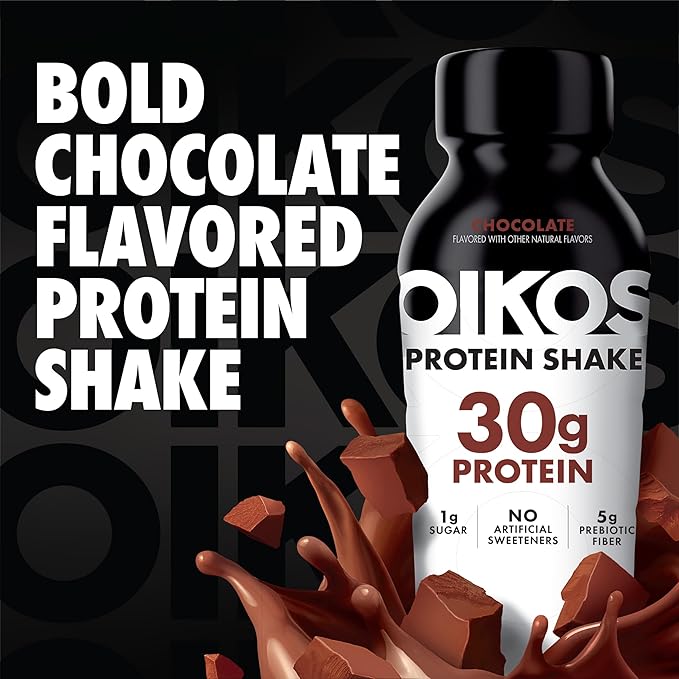Oikos Protein Shake, Chocolate, 30g High Protein Drinks, Shelf Stable, Ready to Drink, 5g Prebiotic Fiber, 12 fl oz Bottle, 4 Count
