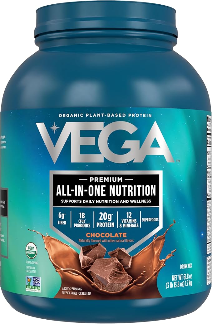 Vega All in One Nutrition Organic - 20g Plant-Based Pea Protein, Chocolate, 42 Servings, Vitamins A & C, Probiotics, Greens, Vegan, Keto, Gluten Free, 61.8oz (Packaging May Vary)