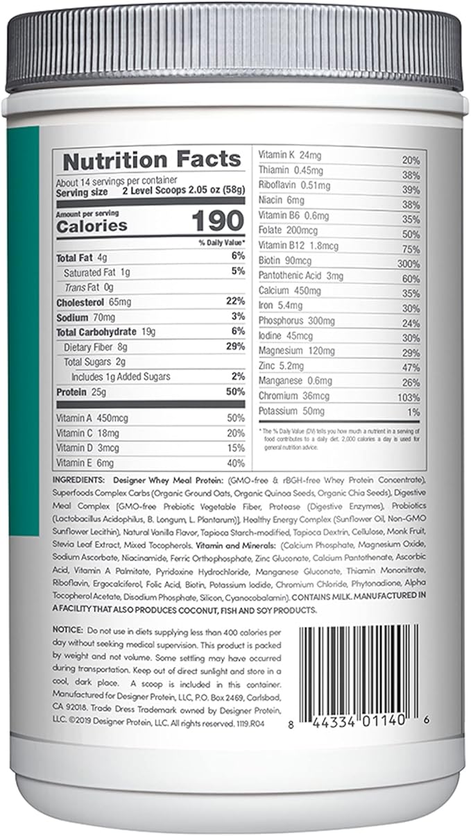 Designer Wellness, Designer Whey Protein Meal Replacement Powder, Organic Superfood Complex Carbs, Vitamins, Minerals, Gluten-Free, Vanilla Bean, 1.72 Pound