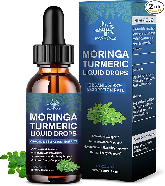 (2 Pack) Organic Moringa Leaf Extract Liquid Drops Supplement 1000mg with Turmeric and Black Pepper for Energy, Antioxidant and Skin, Green Superfood Supplement for Women Men, Vegan, 1 Fl Oz