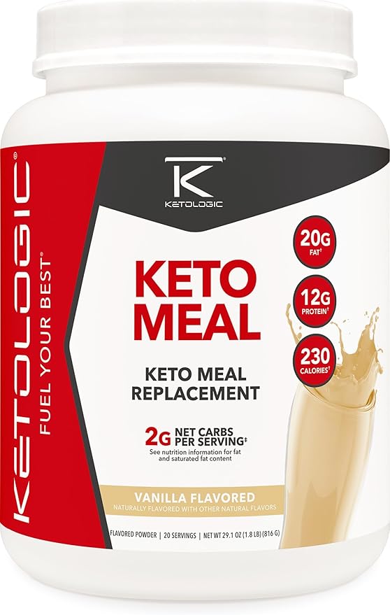 Ketologic Keto Meal Replacement Shake Powder for Optimal Results + MCT Oil + Grass-Fed Whey - Perfectly Formulated Macros for Ketosis - 20 Servings - Vanilla