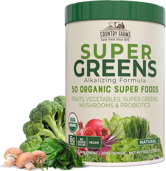 COUNTRY FARMS Super Greens Natural Flavor, 50 Organic Super Foods, USDA Organic Drink Mix, Fruits, Vegetables, Super Greens, Mushrooms & Probiotics, Supports Energy, 20 Servings, 10.6 Oz