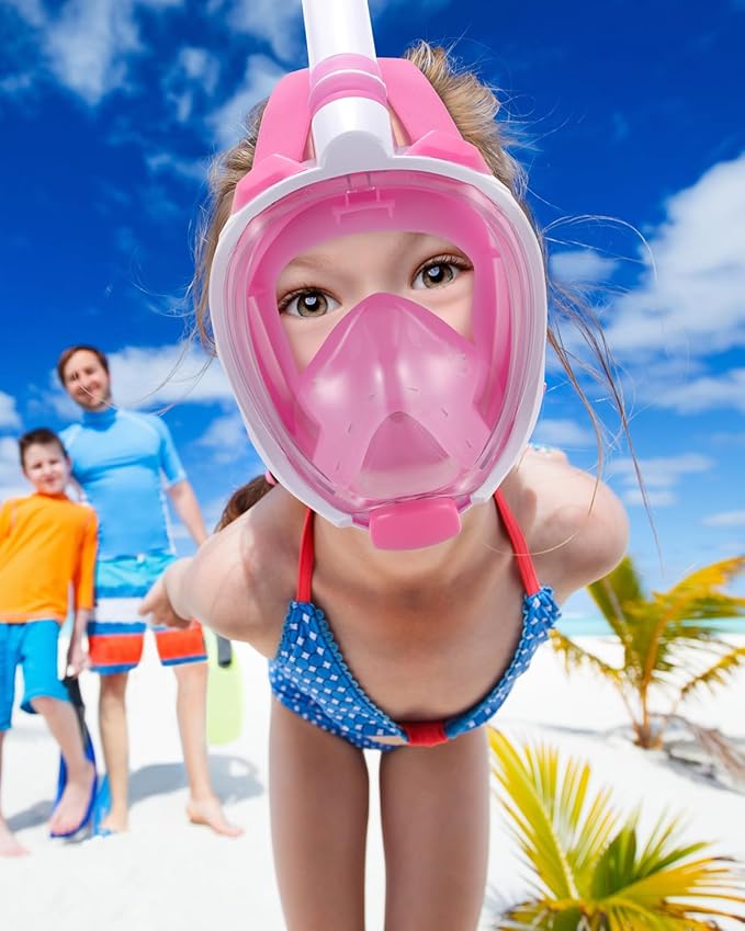 W WSTOO Kids Full Face Snorkel Masks,Suitable for Beginners Dry Top Snorkeling Gear,Can Your Mouth or Nose to Breathe,180 Degrees Panoramic View,Anti-Fog Anti-Leak,Summer Travel and Vacationing Gifts