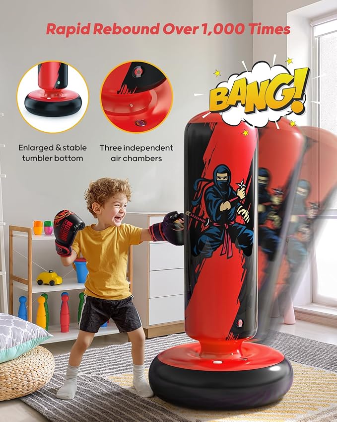 QPAU Punching Bag for Kids, 66 Inch Stable Inflatable Boxing Bag with Boxing Gloves, Stand Kids Punching Bag Toy for Boys & Girls Age 6-12, Boxing Set for Practicing Karate, Taekwondo, MMA
