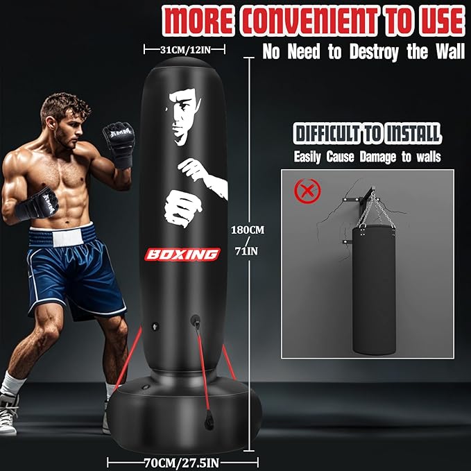 Punching Bag for Adults, 71" Boxing Bag with Stand and Fixed Rope,Free Standing Freestanding Punch Bag with Gloves and Pump, Inflatable Heavy Boxing Bag Set for Adults Teens Men Youth at Home Outdoor