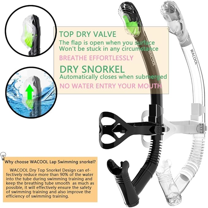WACOOL Training Headstrap Support Dry Top Snorkel Tube Comfortable Mouthpiece One-Way Purge Valve for Pool Open Water Scuba Lap Swimming Swimmer Diving Snorkeling