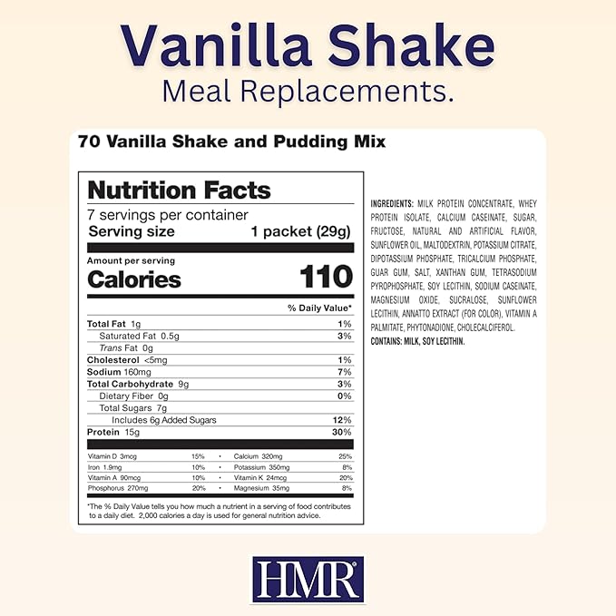 HMR 70 Plus Vanilla Shake & Pudding Mix | Meal Replacement Powder | Lactose-Free | 15g Protein | Supports Healthy Weight Loss | Easy to Make | Low Calorie | 21 Single Serving Packets