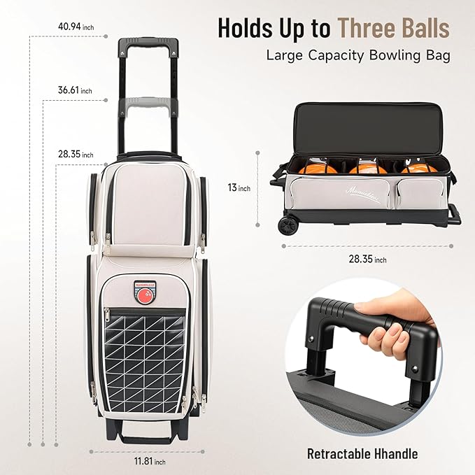 MANUEKLEAR 3 Ball Bowling Bags with Wheels, Bowling Ball Bag 3 Ball Roller with Accessory Pockets and Shoe Compartment