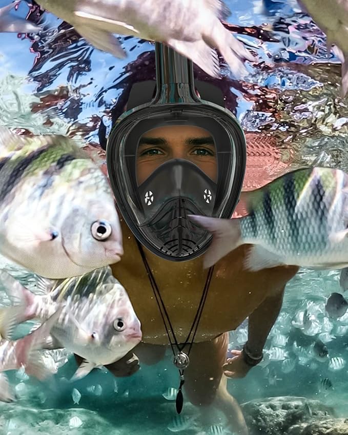 QingSong Full Face Snorkel Mask for Adults, Snorkeling Gear with Camera Mount, 180 Degree Panoramic View Snorkel Set Anti-Fog Anti-Leak