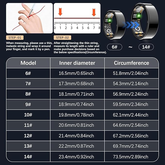 Health Tracker Ring, Smart Health Ring for Women Men with Heart Rate, Blood Oxygen, Sleep Monitor, Steps,Calories, No Subscription Fee, IP68 Waterproof Smart Ring for iPhone & Android (Black, 13#)