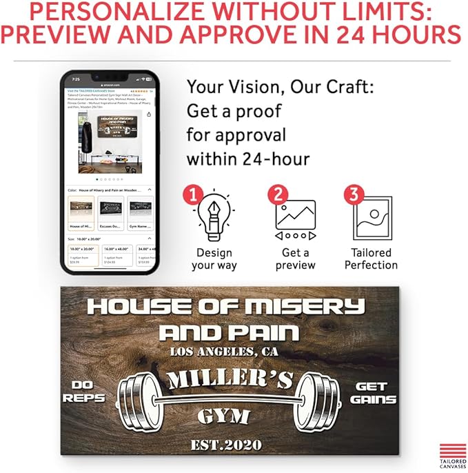 Tailored Canvases Personalized Gym Sign Wall Art Decor - Motivational Canvas for Home Gym, Workout Room, Garage, Fitness Center - Workout Inspirational Posters - House of Misery and Pain, Wooden 20x10in