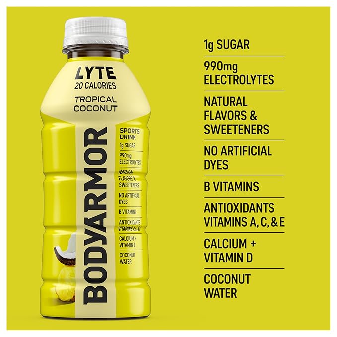 BODYARMOR LYTE Sports Drink Low-Calorie Sports Beverage, Tropical Coconut, Coconut Water Hydration, Natural Flavors With Vitamins, Potassium-Packed Electrolytes, Perfect For Athletes, 16 Fl Oz (Pack of 12)