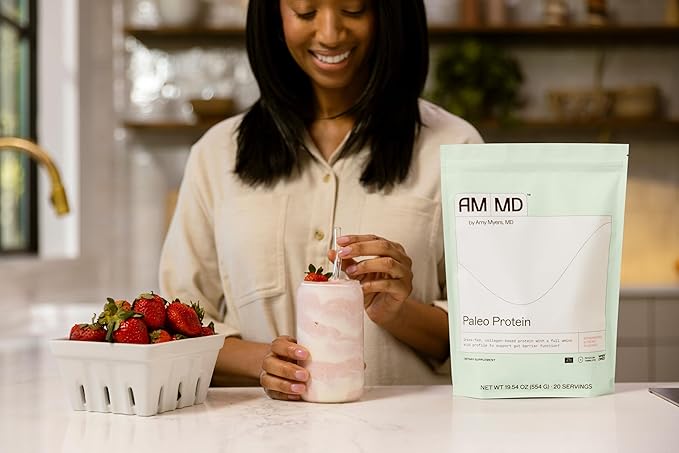 Amy Myers MD Paleo Protein Powder - Strawberries & Cream, 20 Servings - Collagen-Based Gut Function Support - Gluten-Free & Non-Dairy Protein Supplement