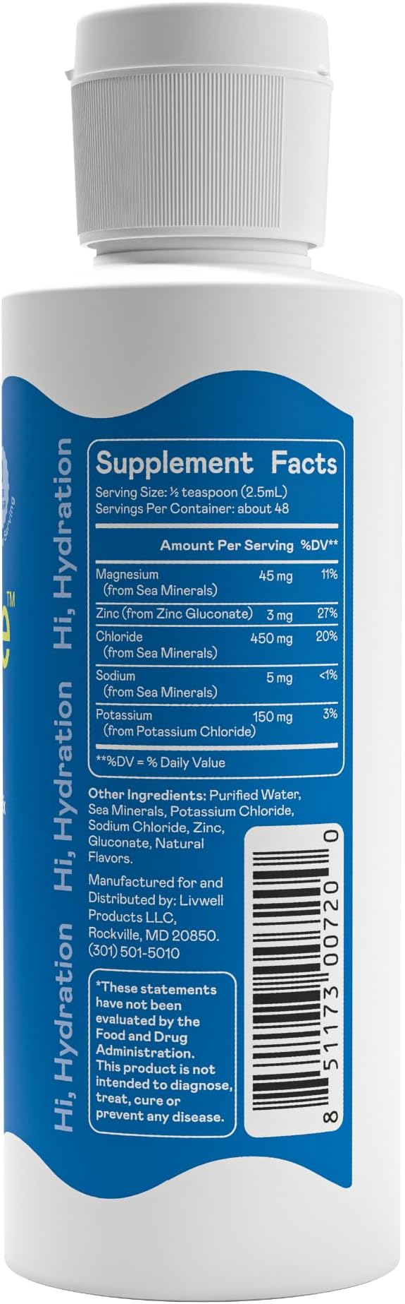 Hi-Lyte Low Sodium Electrolyte Supplement for Immune Support, Fasting and Rapid Hydration | 48 Servings | Magnesium, Potassium, Zinc | Unflavored Mineral Taste Drops