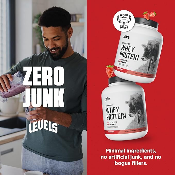 Levels Grass Fed Whey Protein Powder, No Artificials, 24G of Protein, Strawberry, 5LB