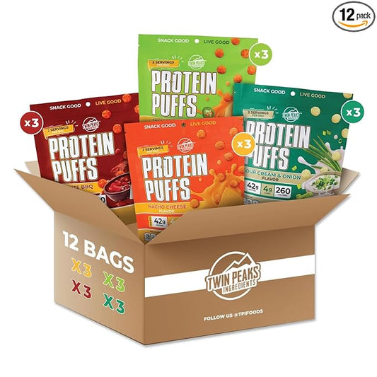 Twin Peaks Low Carb, Keto Friendly Protein Puffs, 2 Serving 12 Pack, (60g, 42g Protein, 4g Carbs)