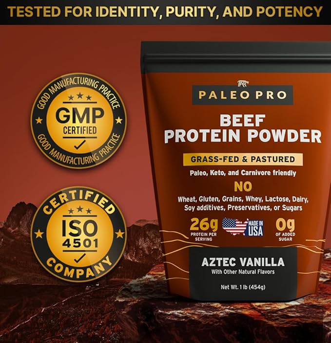 Paleo Pro 26G Beef Protein Powder - Grass Fed Protein Powder Isolate - Pure Animal Based Pastured & Cage-Free | Dairy & Gluten Free, Natural & Clean Proteins for Paleo & Keto - 15 Days Supply Vanilla