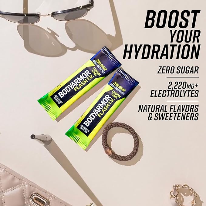BODYARMOR Flash IV Electrolyte Packets, Lemon Lime - Zero Sugar Drink Mix, Single Serve Packs, Coconut Water Powder (6 Count)