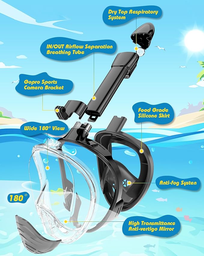 QingSong Kids Snorkel Mask Full Face, Snorkeling Set with Camera Mount, Foldable 180 Degree Panoramic View Snorkeling Gear Anti-Fog Anti-Leak