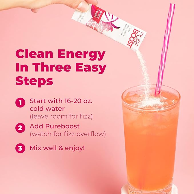 Pureboost Clean Energy Booster, Refreshing Energy Drink Mix with B12 Vitamins, Electrolytes, Antioxidants, Sugar-Free with No Sucralose (Berry Boost, 30 Count)