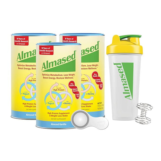 Almased Protein Powder, GLP-1 Nutrition Support Supplement, Meal Replacement Shake for Weight Loss, high protein, complete nutrition (Vanilla Flavor, 3 Cans @ 17.6 oz ea + scoop + 700ml Shaker Bottle