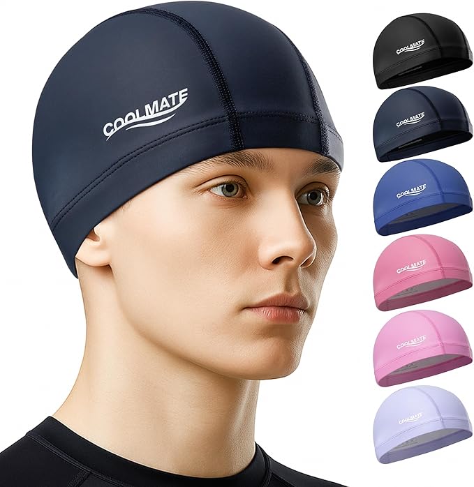 COOLMATE Fabric Swim Cap for Adult Women Men Kid 3 4 6 8 14 16, Silicone Water Resistant Layer, Cloth Swim Cap Gifts for Swimmers, Lightweight for Pool, Lap Swimming (1 pc)