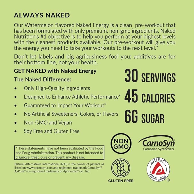 NAKED Watermelon Energy - Clean Pre Workout Supplement for Men and Women, Vegan Friendly, No Added Sweeteners, Colors Or Flavors - 30 Servings