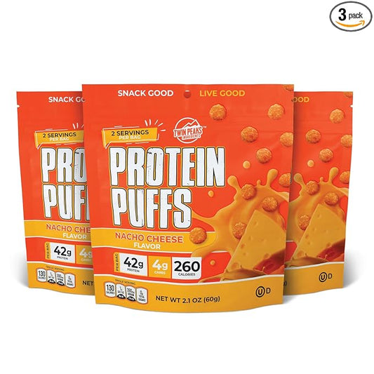 Twin Peaks Low Carb, Keto Friendly Protein Puffs, (Nacho Cheese), 2 Servings, 3 Pack (60g, 42g Protein, 4g Carbs)