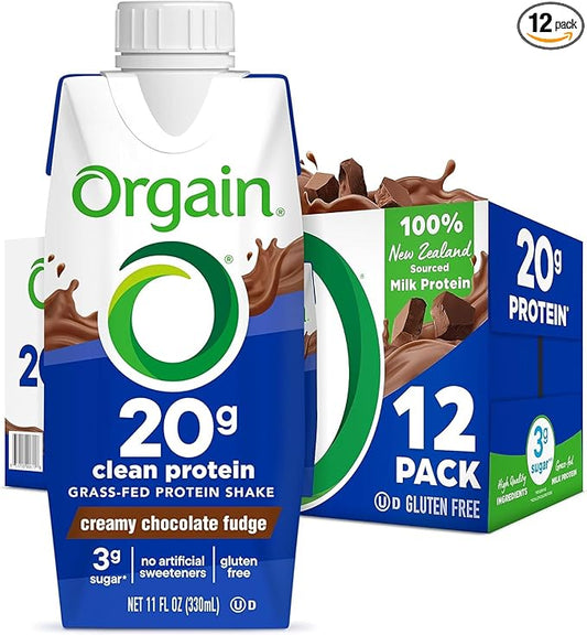 Orgain Clean Protein Shake, Grass Fed Dairy, Creamy Chocolate Fudge - 20g Whey High Protein, Kosher, Ready to Drink, Low Net Carbs, Gluten Free, No Soy Ingredients, 11 Fl Oz (Pack of 12)