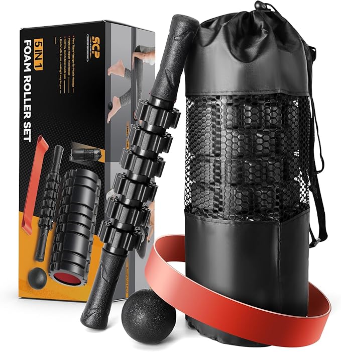 5 in1 Foam Roller Set, Trigger Point Foam Roller, Massage Roller Stick, Massage Ball, Resistance Band for Deep Muscle Massage Pilates Yoga,Fitness Exercise for Whole Body (Black-Red)