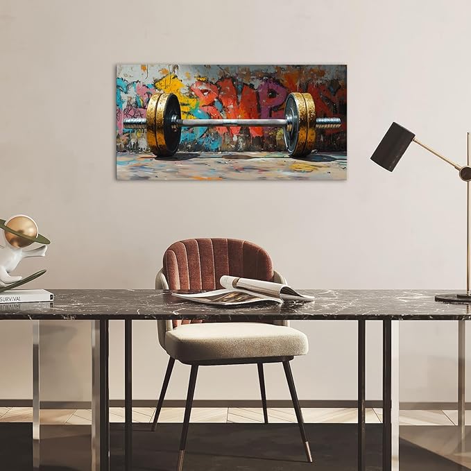 VANSEEING Graffiti Gym Wall Art Canvas Prints Barbell Weightlifting Fitness Picture Sport Motivational Artwork Oil Painting Wall decor for Workout Bedroom Fitness Boys Room 40x20 inch