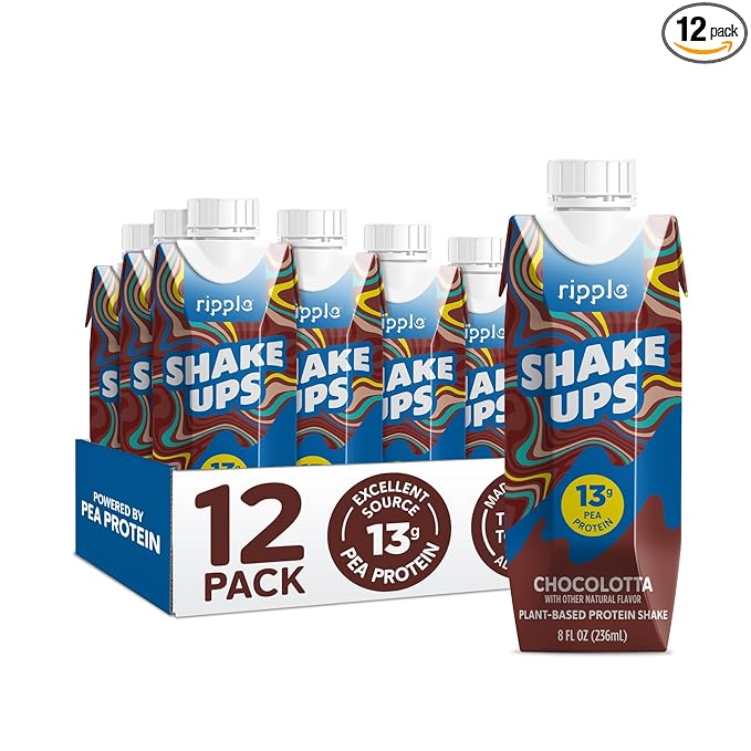 Ripple Kids Chocolate Plant Based Shake Ups | 13g of Quality Sourced Pea Protein, Calcium Rich | Shelf Stable | Vegan & Non GMO | Dairy, Soy, Nut, Gluten & Lactose Free | 8 Fl Oz Cartons (Pack of 12)