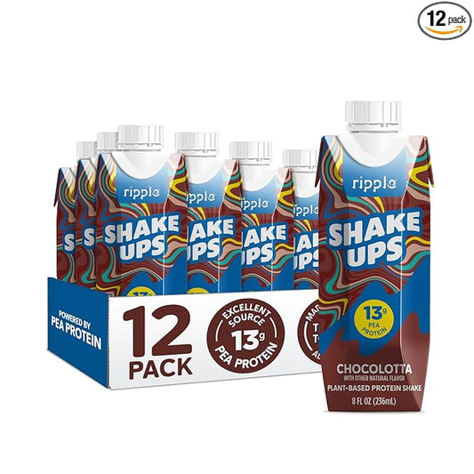 Ripple Kids Chocolate Plant Based Shake Ups | 13g of Quality Sourced Pea Protein, Calcium Rich | Shelf Stable | Vegan & Non GMO | Dairy, Soy, Nut, Gluten & Lactose Free | 8 Fl Oz Cartons (Pack of 12)