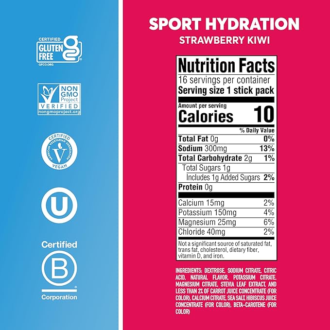 Nuun Sport Electrolyte Powder Packets with Magnesium, Calcium, Potassium, Chloride, and Sodium, Hydration Packets for On-the-Go, Strawberry Kiwi Flavor, Gluten Free & Vegan, 16 Single Servings
