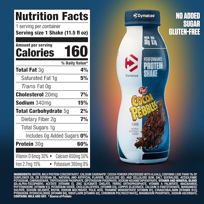 Dymatize Performance Protein Shake, Cocoa Pebbles, 30g of Protein, 6.1g BCAA for Muscle Recovery, No Added Sugar, Low Fat, 24 Vitamins and Minerals, Gluten-Free, Ready to Drink, On-the-Go Snack, 11.5fl oz, 12 pack