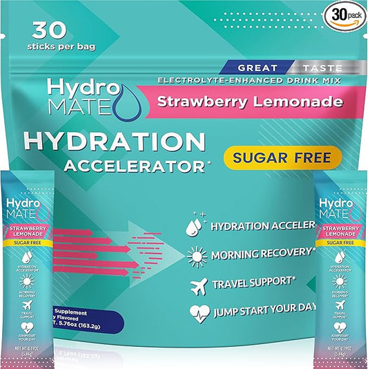 Electrolyte Powder Sugar-Free Hydration Packets Strawberry Lemonade HydroMATE 30 Sticks