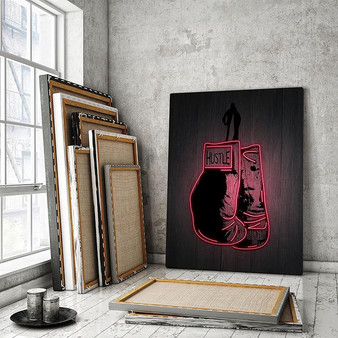 Boxing Gloves Neon Canvas Print Motivational Canvas Print Wall Art Office Decor, Entrepreneur Motivation, Hustle Artwork, Boxing Neon Print, Fighter Gym Sign, Hustler Art Neon Sign (36" x 24")