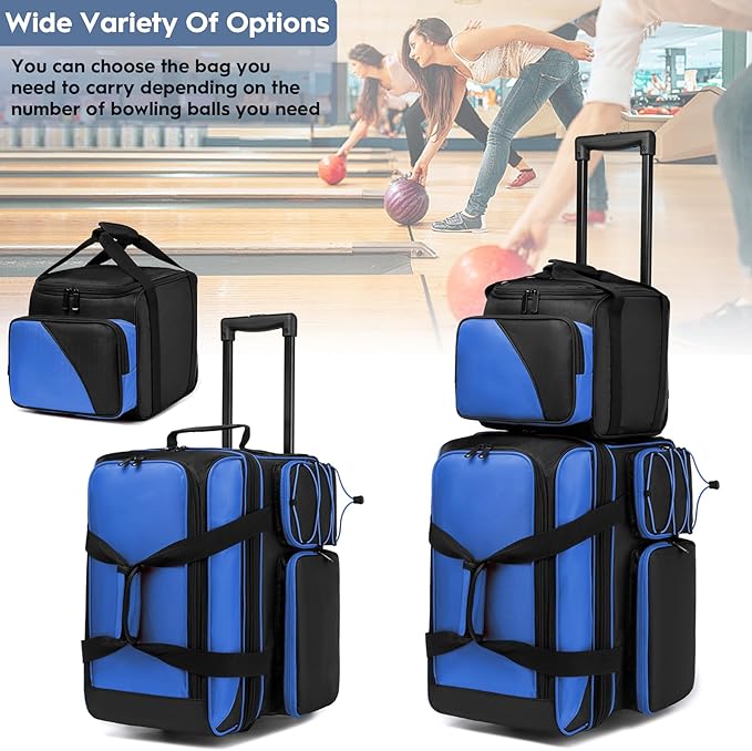 3 Ball Bowling Bag with Wheels, Bowling Bag 3 Ball Roller with Separate Shoe Compartment and Accessory Pocket, 2 Ball Roller Bag Plus Single Ball Tote